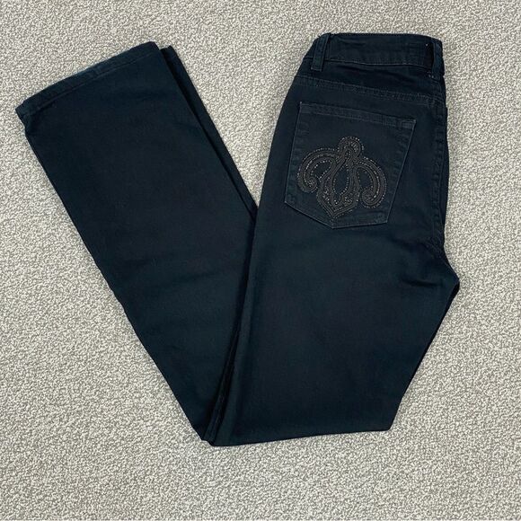 Zara Beaded Back Pocket Straight Leg Jeans Black 8 Low Rise - Picture 1 of 9